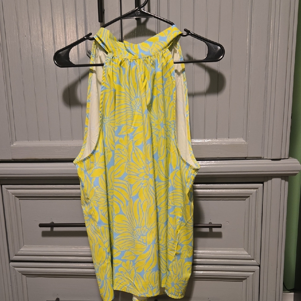 New York & Company Yellow and Blue Floral Tie Neck Halter Top